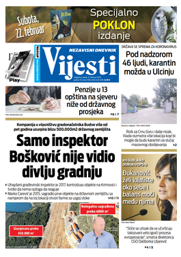 Naslovna strana "Vijesti" za 21. februar 2020.