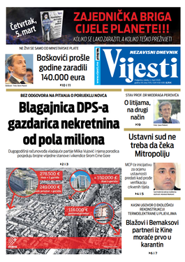 Naslovna strana "Vijesti" za 4. mart 2020.
