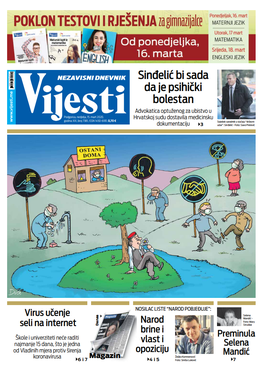Naslovna strana "Vijesti" za 15. mart 2020.