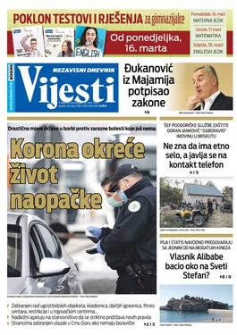 Naslovna strana "Vijesti" za 16. mart 2020.