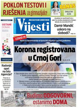 Naslovna strana "Vijesti" za srijedu 18. mart 2020. godine