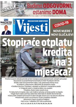 Naslovna strana "Vijesti" za četvrtak 19. mart 2019. godine