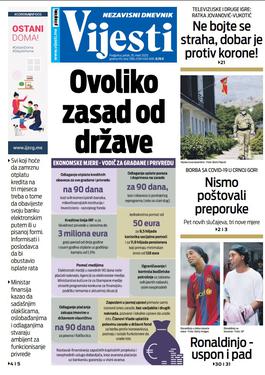 Naslovna strana "Vijesti" za 20. mart 2020. godine