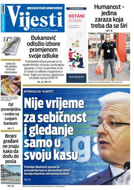 Naslovna strana "Vijesti" za 21. mart 2020. godine