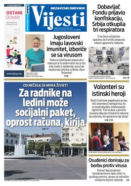 Naslovna strana "Vijesti" za 27. mart 2020. godine